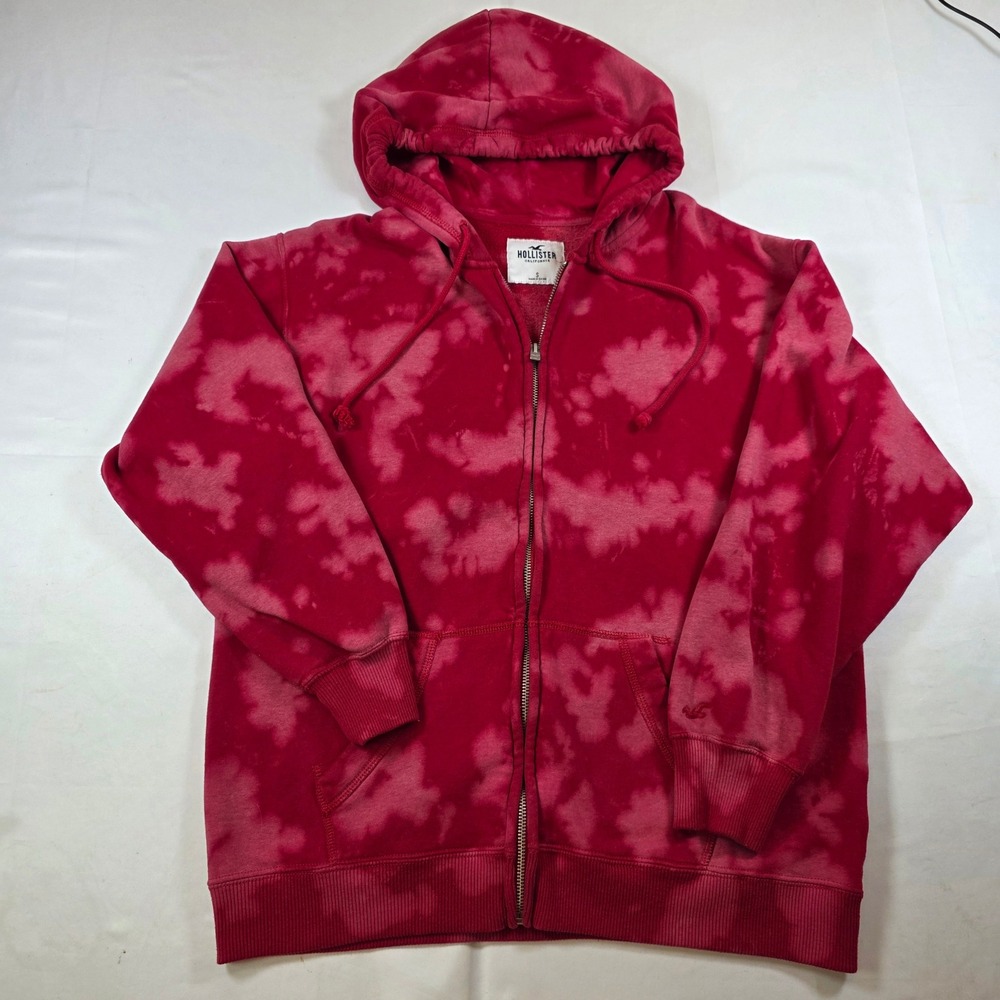 Hollister Red Tie Dye Full Zip Hoodie Sweatshirt Mens Small Pink Acid Wash